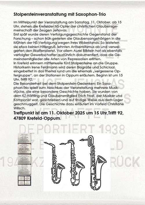 Stolpersteinveranstaltung mit Saxophon-Trio: Aurel Billstein Geschichtswerkstatt